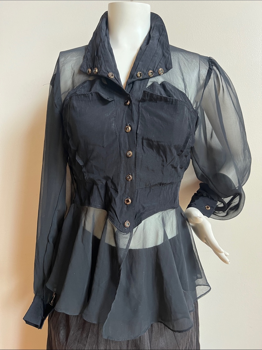 Ann Marie Sheer Black Puff-Sleeve Peplum Blouse goth vintage statement